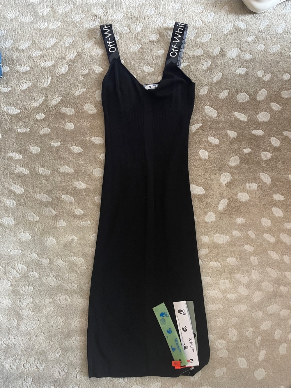 New Off-White Black Midi Slip Dress with Branded Straps IT 38 Small